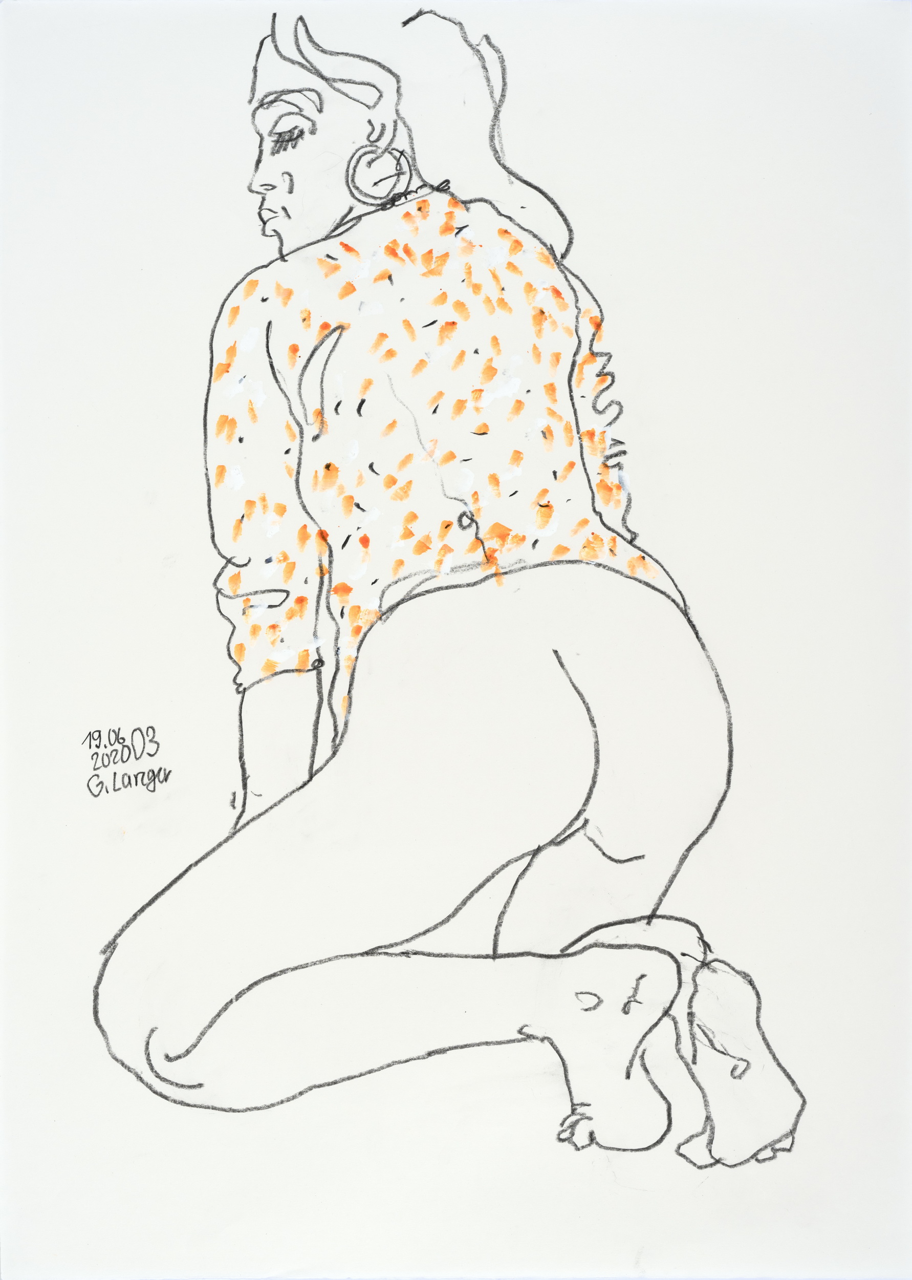 Gunter Langer, Kniender Mädchenakt  mit hochgeschlagenem Top, 2020, Acryl Wasserfarbe Bleistift, Zeichenpapier, 70 x 51 cm